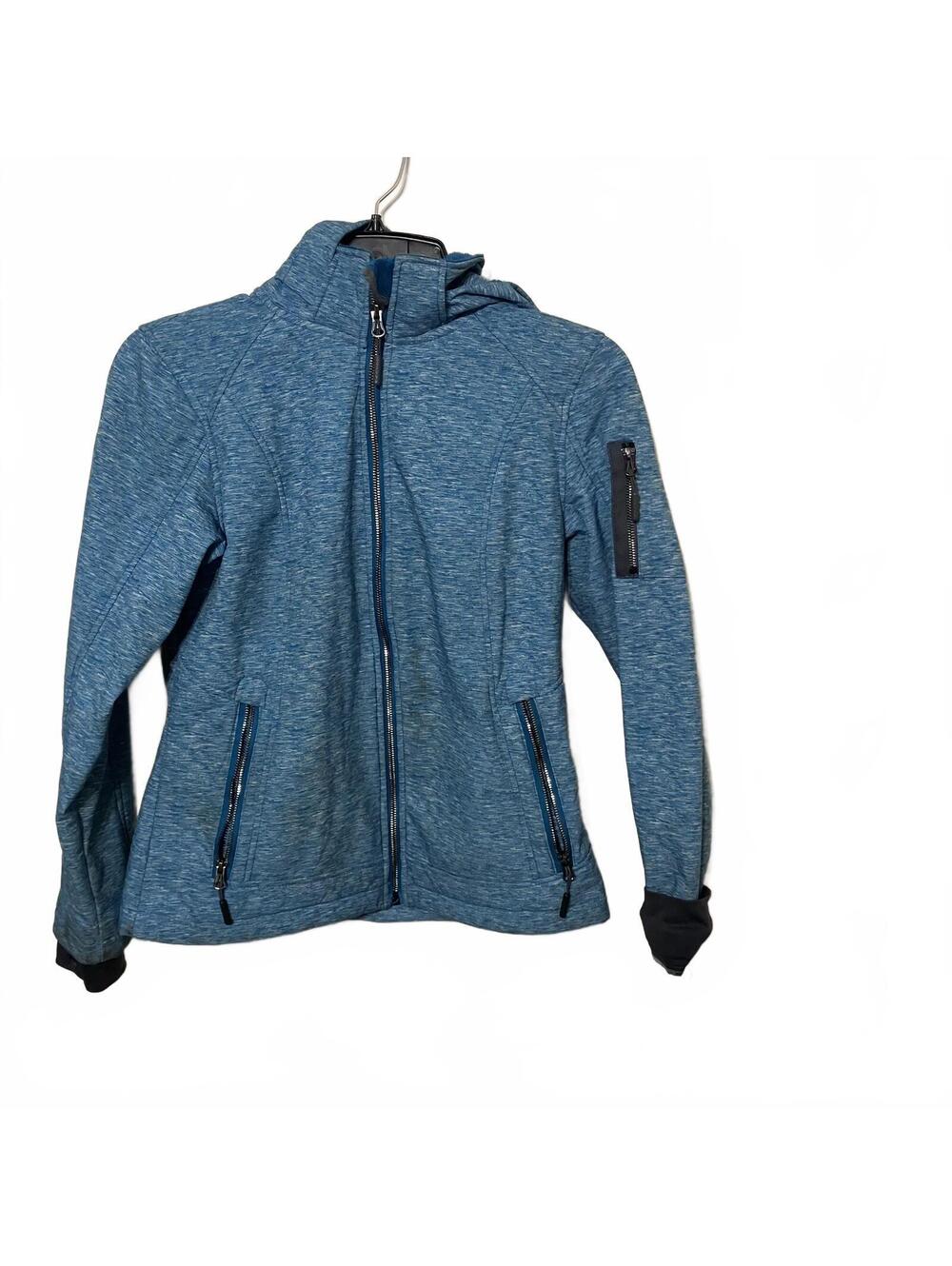 Free Country Women's Heathered Blue Hooded Full Zip Cozy Jacket Pockets Small